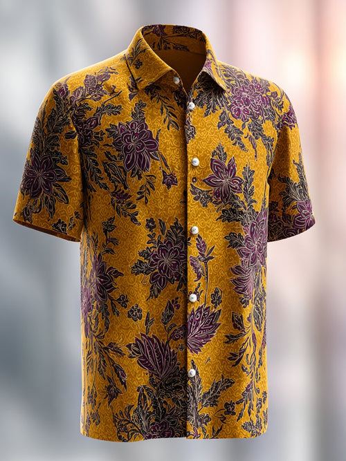 Men's Business Casual Yellow Floral Lapel Short Sleeve Shirt