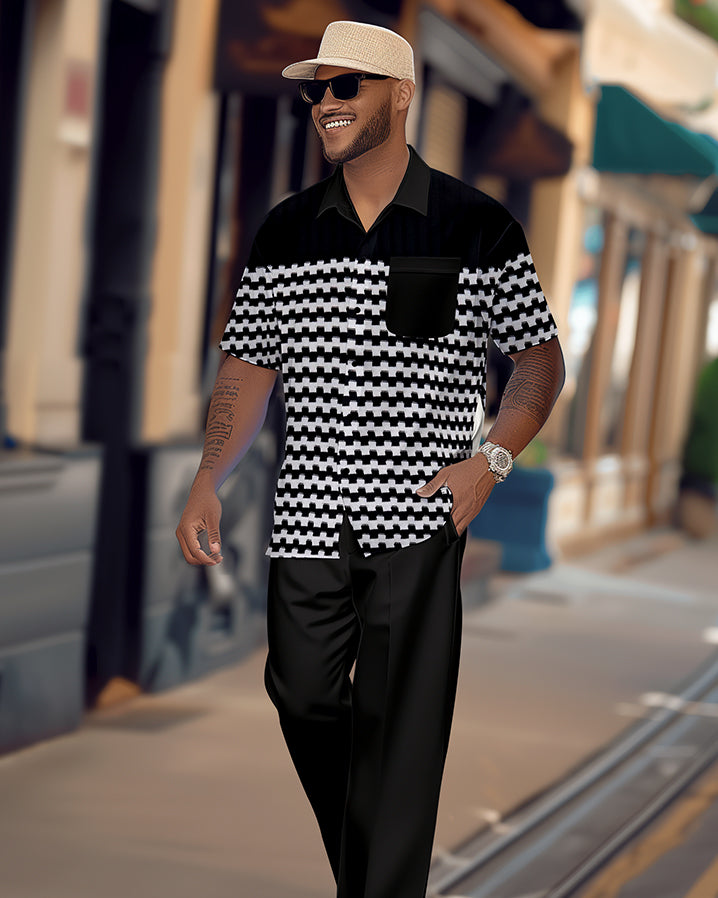 Men's retro colorblock short-sleeved shirt walking Suit 1685