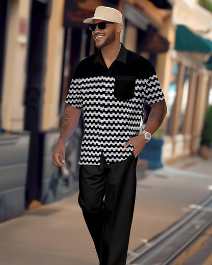 Men's retro colorblock short-sleeved shirt walking Suit 1685