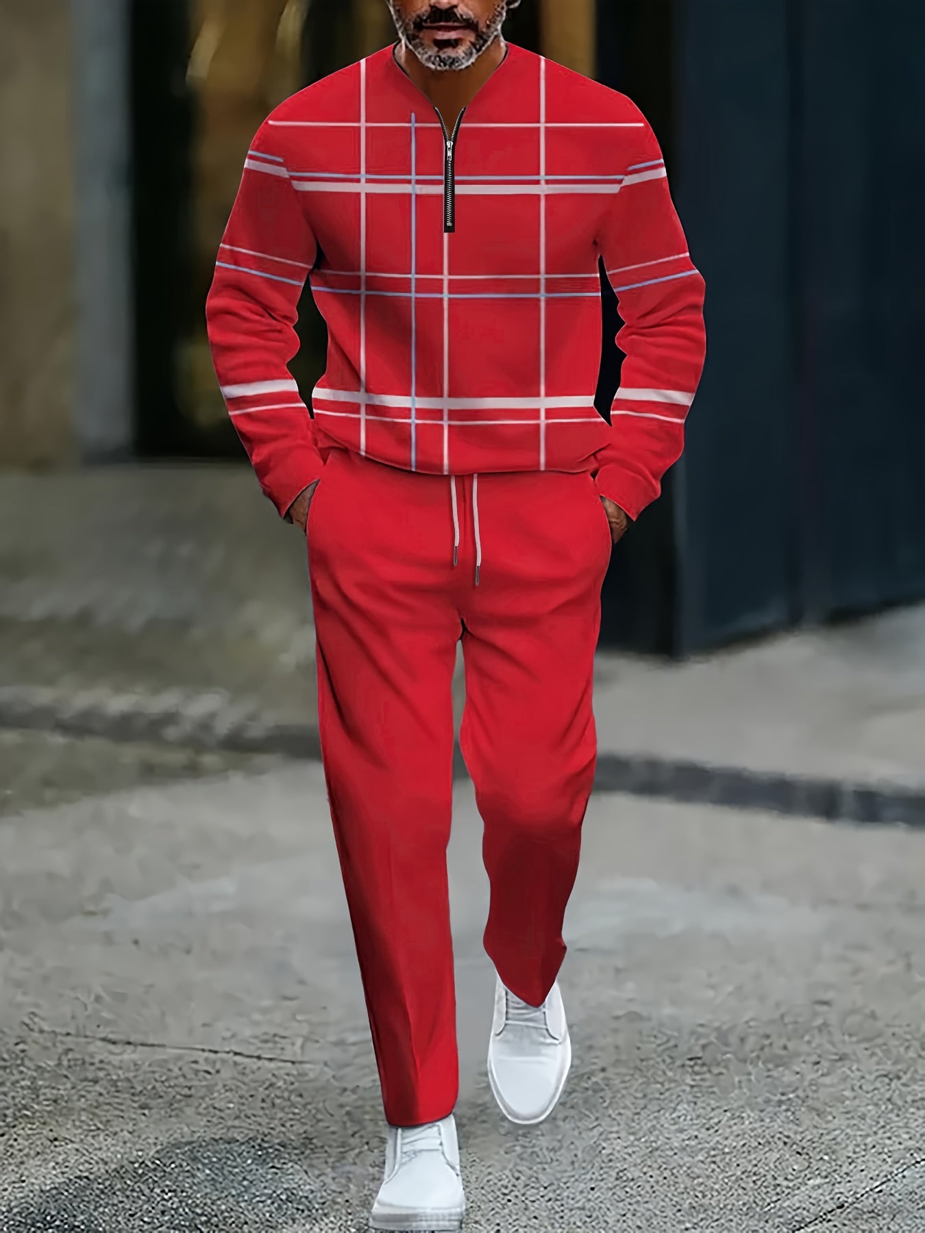 Men's Casual Color Matching Printed Round-Neck Zipper Long Sleeved Trousers Two-Piece Set