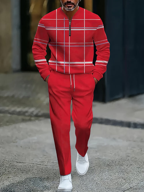 Men's Casual Color Matching Printed Round-Neck Zipper Long Sleeved Trousers Two-Piece Set