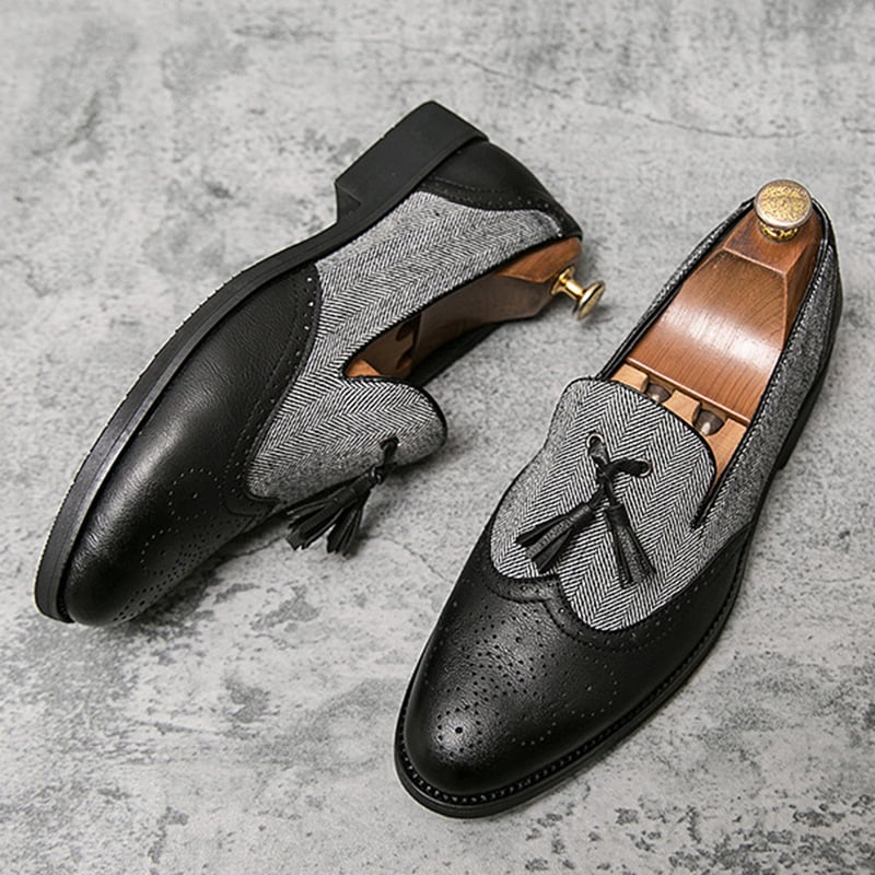 Business Casual Retro Carved Color Block Fringed Leather Shoes
