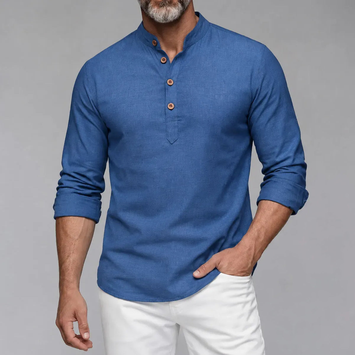 Men's Slim-Fit Shirt with Stand-Up Collar and Half-Open Front