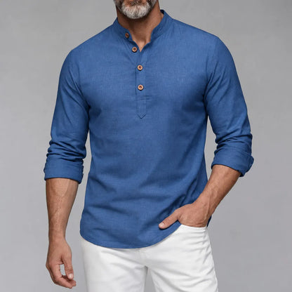 Men's Slim-Fit Shirt with Stand-Up Collar and Half-Open Front