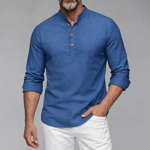 Men's Slim-Fit Shirt with Stand-Up Collar and Half-Open Front