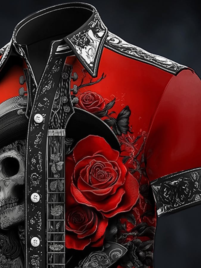 Men's Casual Dark Skull Art Satin Shirt