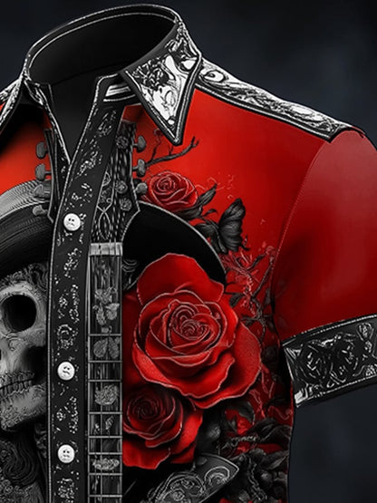 Men's Casual Dark Skull Art Satin Shirt