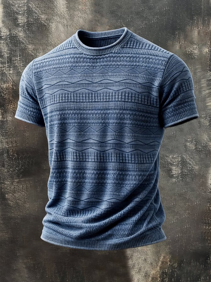 Men's Retro-Style Crew Neck Short-Sleeve Top with Unique Texture
