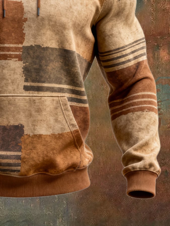 Men's Retro Distressed Color Block Print Casual Long Sleeve Sweatshirt
