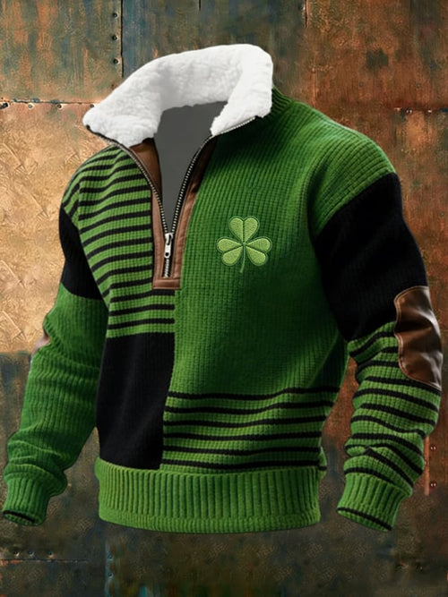 Men's Retro St. Patrick Print Jacquard Zipper Fur Collar Long Sleeve Sweatshirt
