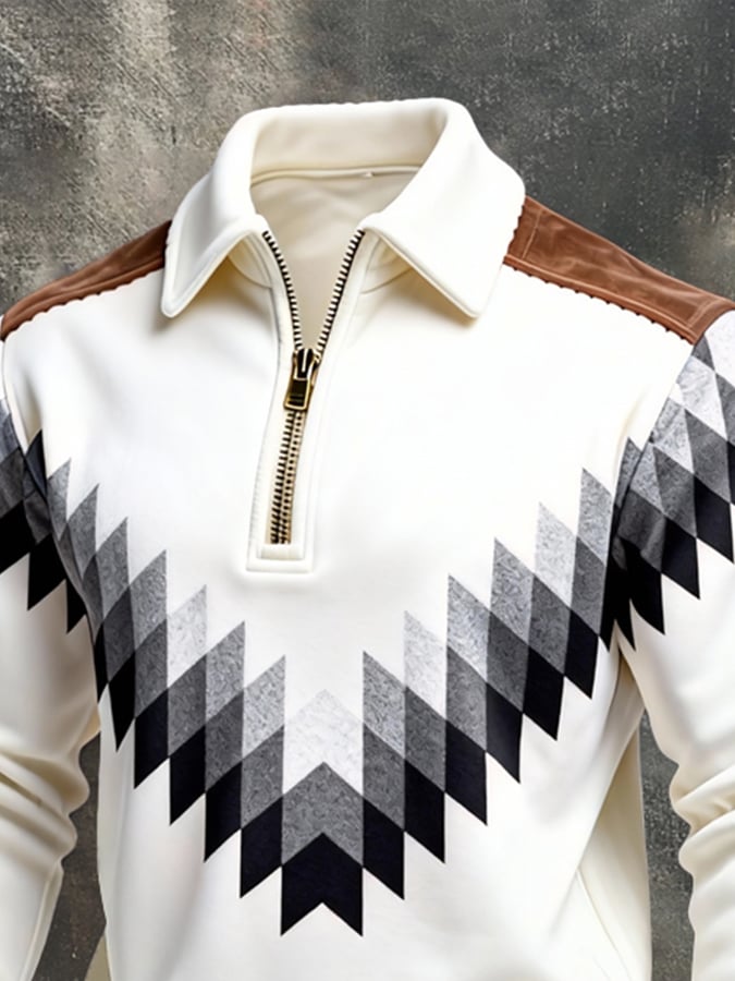 Men's Retro Color Block Print Color-Blocked Zip-Up Sweatshirt
