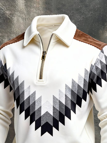 Men's Retro Color Block Print Color-Blocked Zip-Up Sweatshirt
