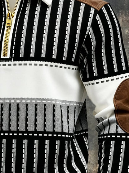 Men's Retro Color Block Print Zipper Sweatshirt