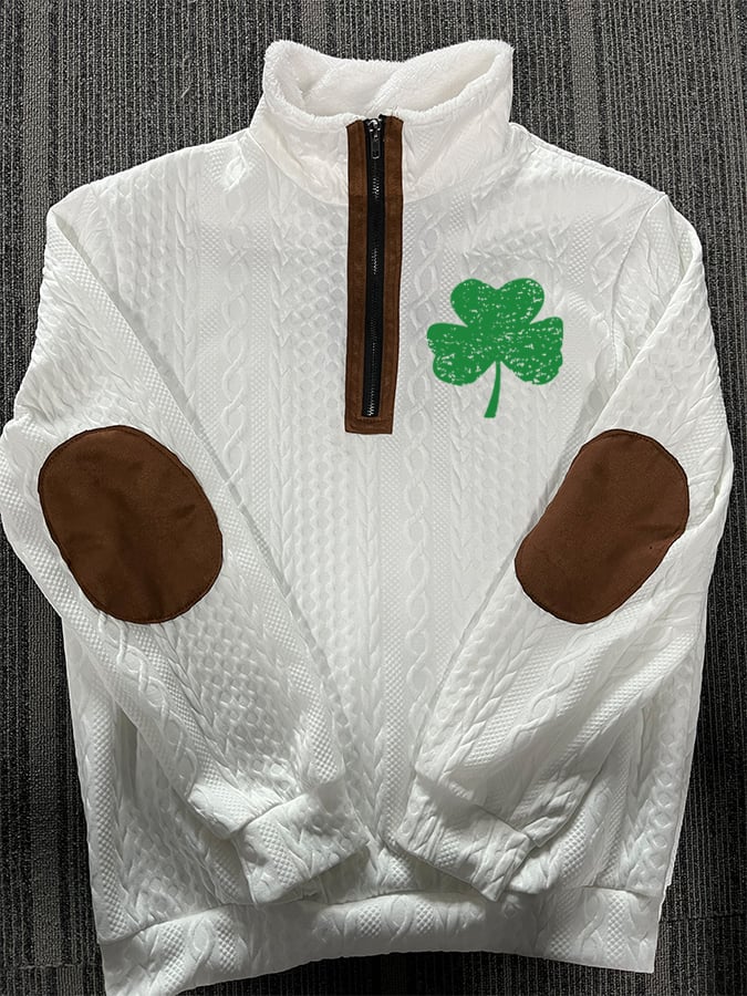 Men's St. Patrick's Clover Jacquard Fabric Zipper Fur Collar Long-Sleeved Sweatshirt