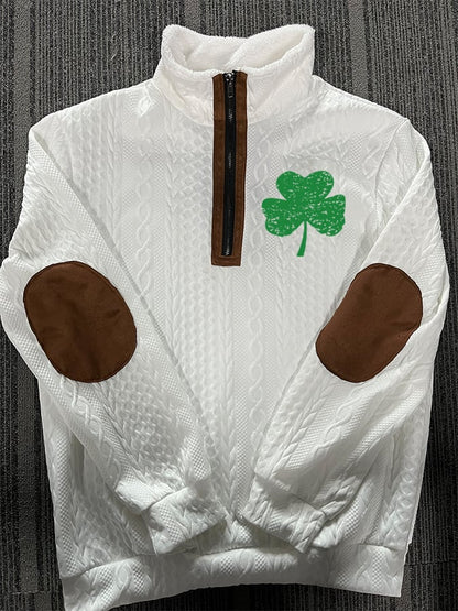 Men's St. Patrick's Clover Jacquard Fabric Zipper Fur Collar Long-Sleeved Sweatshirt