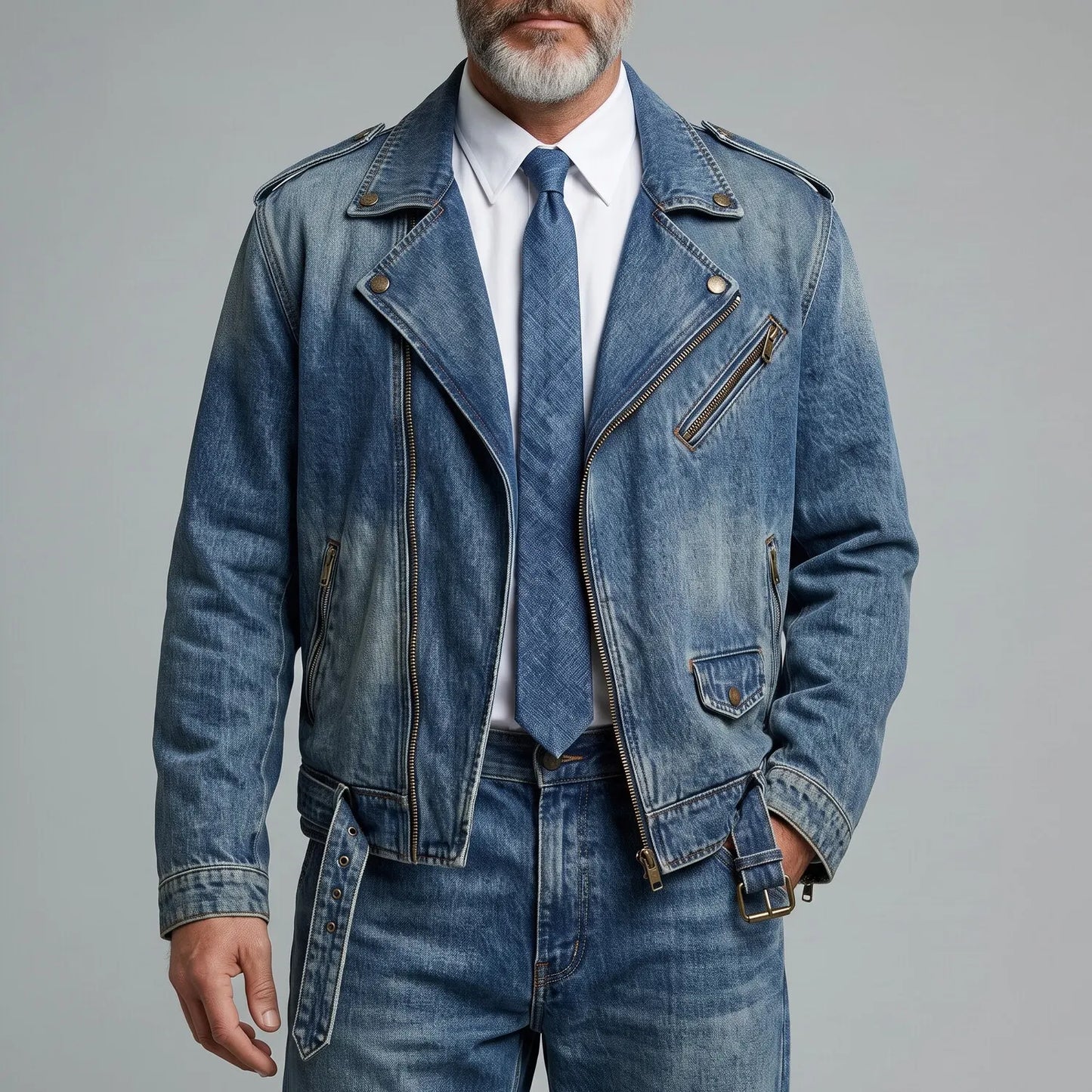 Men's Blue Notch Lapel Asymmetrical Zipper Multi-Pocket Washed Denim Jacket