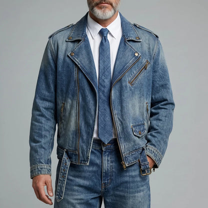 Men's Blue Notch Lapel Asymmetrical Zipper Multi-Pocket Washed Denim Jacket