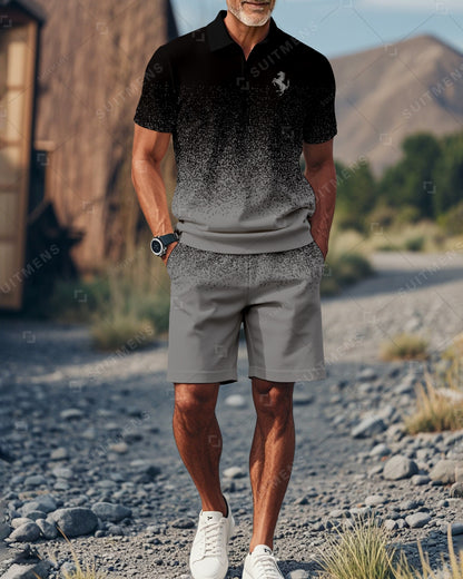 Men's Gradient Colorblock Summer Polo Short Sleeve Shorts Suit 01