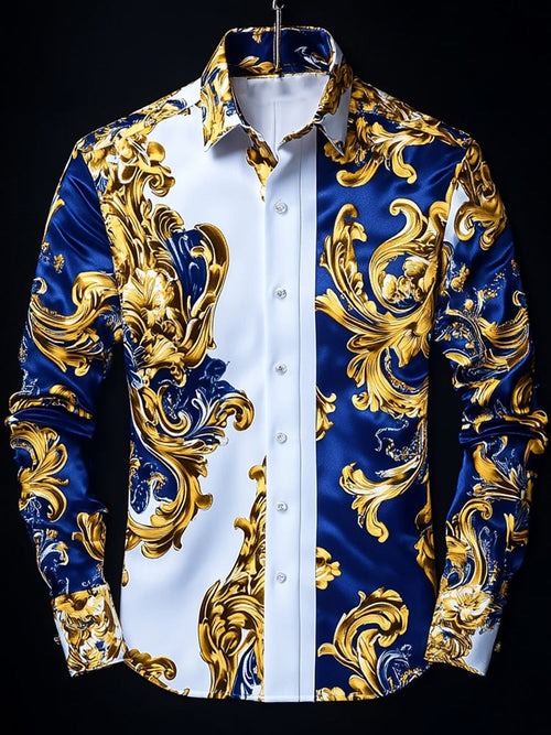 Men's business blue and white luxury floral long-sleeved shirt