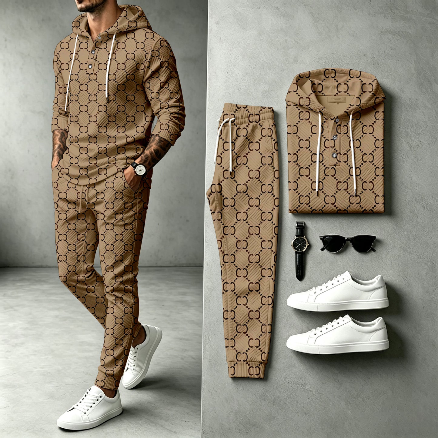 Men's Khaki Hooded Sweatshirt and Pants Set