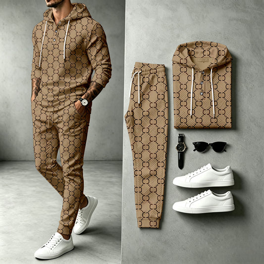 Men's Khaki Hooded Sweatshirt and Pants Set