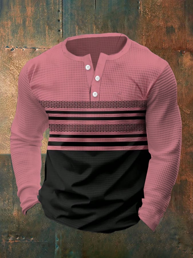 Men's Vintage Waffle Color Patch Henley Neck T-Shirt