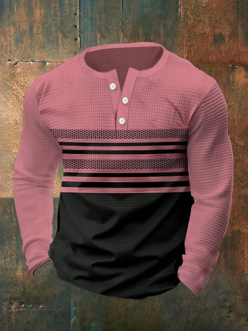Men's Vintage Waffle Color Patch Henley Neck T-Shirt