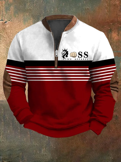 Men's Retro Letter Design Printed Casual Zipper Collar Long-Sleeved Sweatshirt