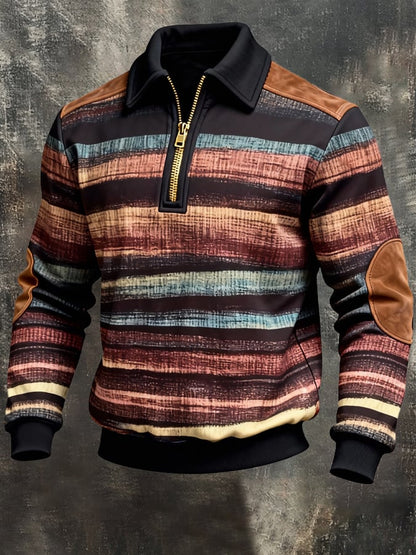 Men's Retro Color Block Print Zipper Sweatshirt