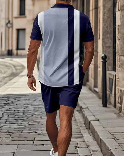 Men's Color Blocked Summer Polo Shorts Set 014