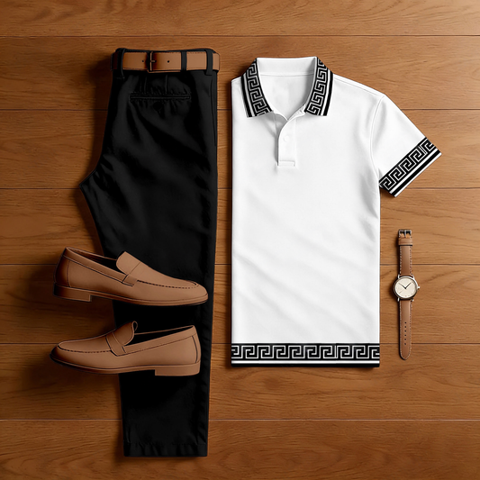 Men's Casual Black & White Color Matching Ethnic Style Printed Short Sleeved Polo Shirt & Trousers Two-Piece Set