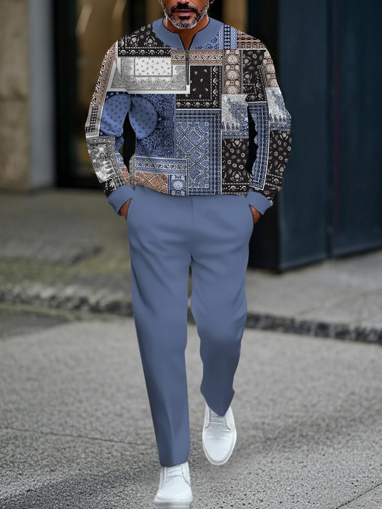 Men's Casual Color Matching Printed Round-Neck Zipper Long Sleeved Trousers Two-Piece Set