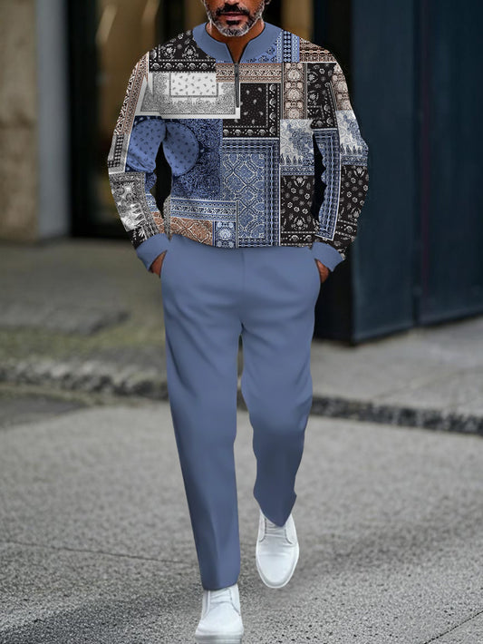 Men's Casual Color Matching Printed Round-Neck Zipper Long Sleeved Trousers Two-Piece Set