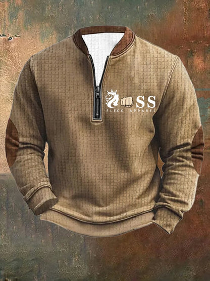 Men's Retro Letter Design Printed Zipper Collar Square Jacquard Sweatshirt