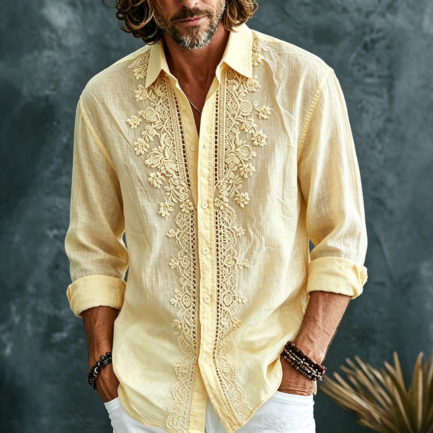 Men's Retro Vocation Yellow Floral  Embroidered Art Print Flowy Linen Blend Long Sleeve Shirt