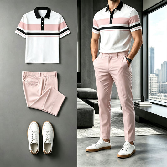 Men's Two-Tone Striped Short-Sleeve Polo Shirt and Pants Set