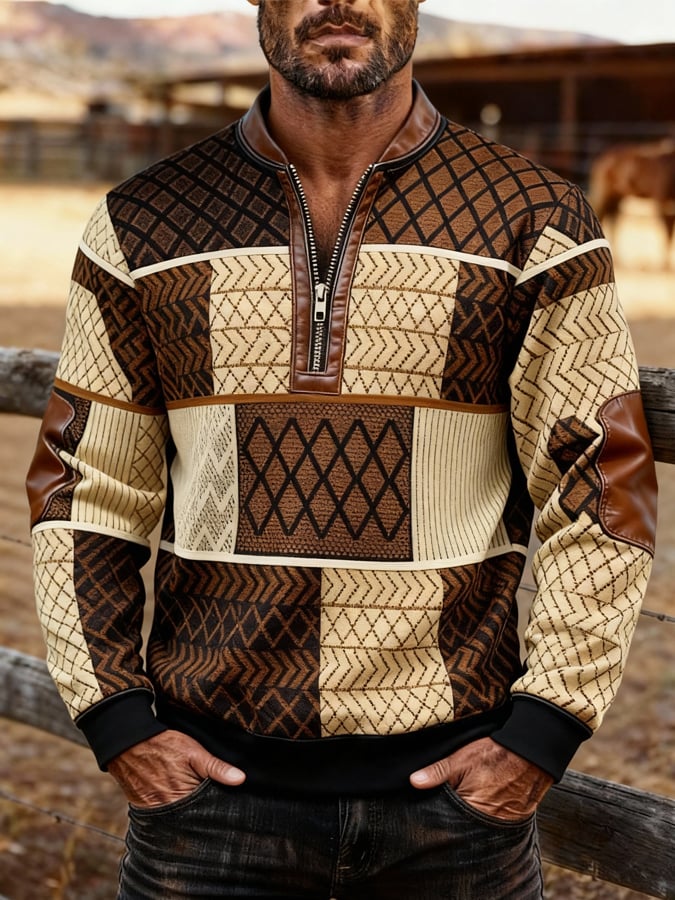 Men's Retro Color Block Print Zipper Sweatshirt