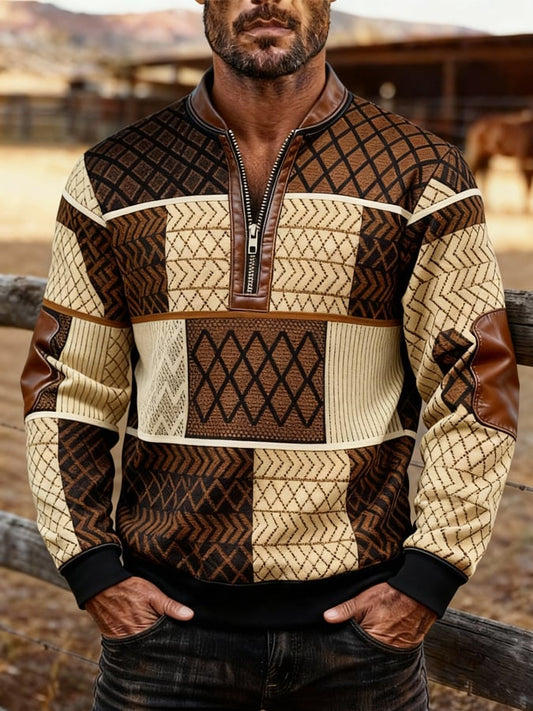 Men's Retro Color Block Print Zipper Sweatshirt