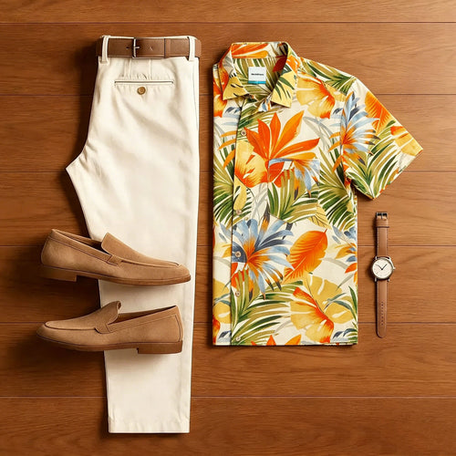 Men's Colorful Palm Leaves Print With Polo Collar Shirt & Pants Two-Piece Set