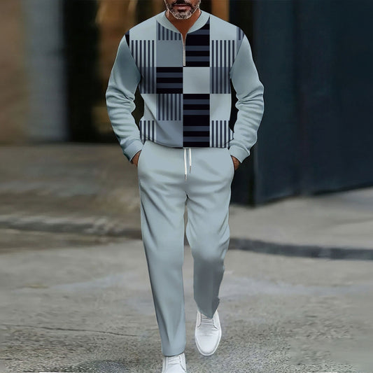 Men's Casual Gray Blue Color Matching Geometric Printed Round-Neck Zipper Long Sleeved Trousers Two-Piece Set