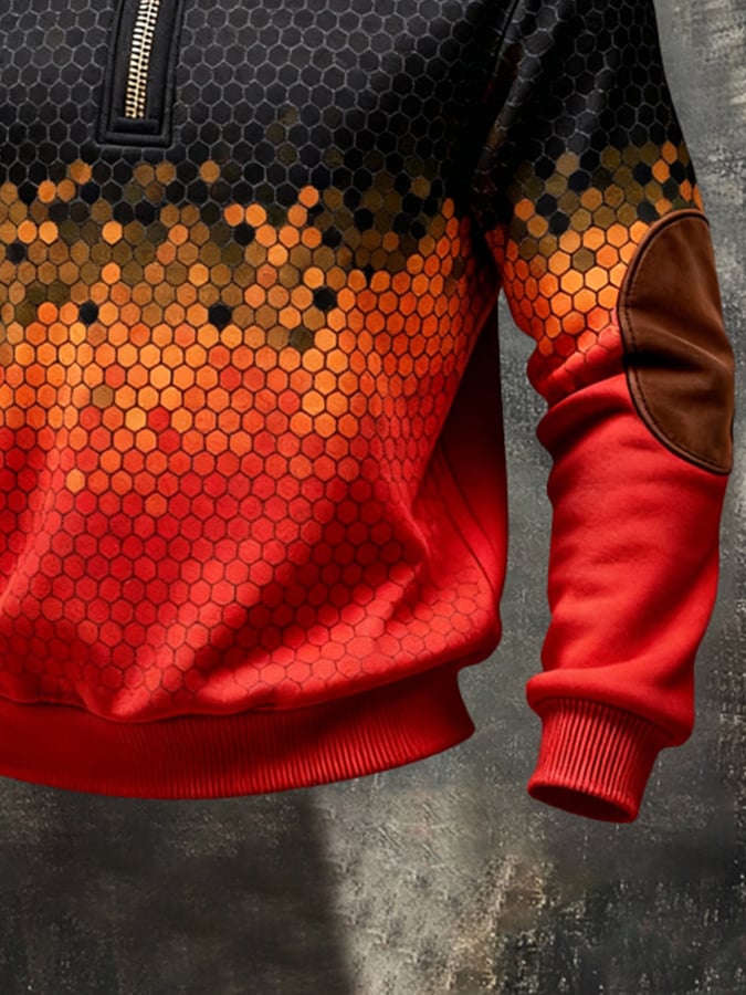 Men's Retro Color Block Print Color-Blocked Zip-Up Sweatshirt