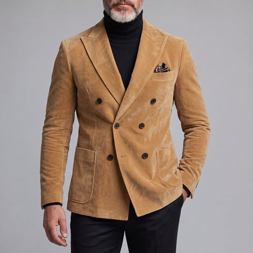 Men's Retro Khaki Suede Peak Lapel Double-Breasted Patch Pocket Slim Fit Blazer