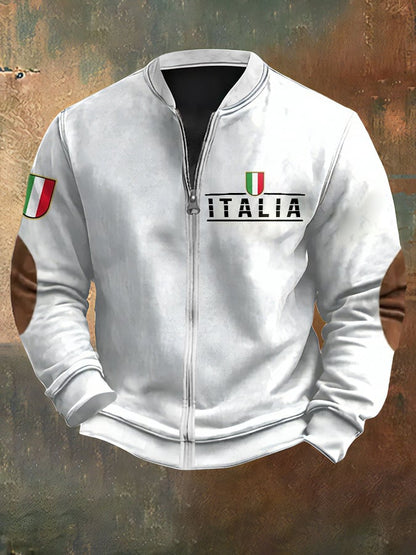 Men's Vintage Italia Print Casual Zipper Sweatshirt