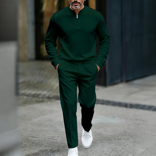 Men's Casual Solid Color Round-Neck Zipper Long Sleeved Trousers Two-Piece Set