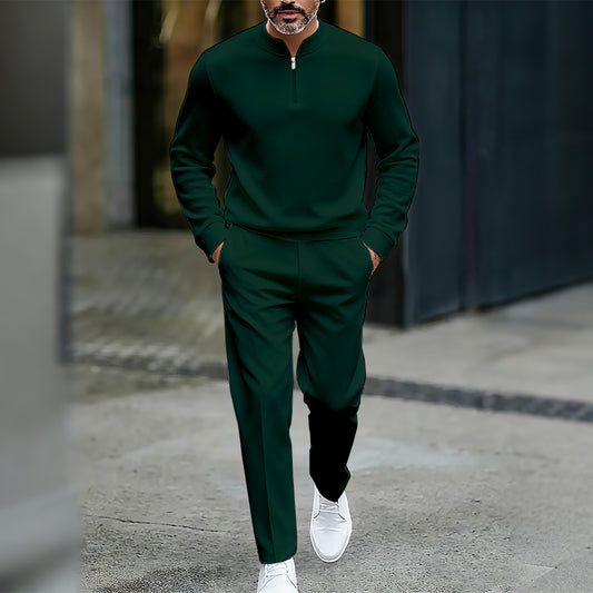 Men's Casual Solid Color Round-Neck Zipper Long Sleeved Trousers Two-Piece Set