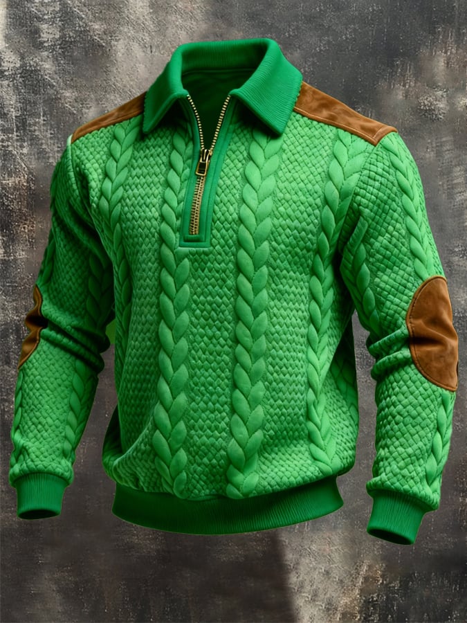 Men's Retro Jacquard Textured Patchwork Comfortable Color-Blocked Zip-Up Sweatshirt