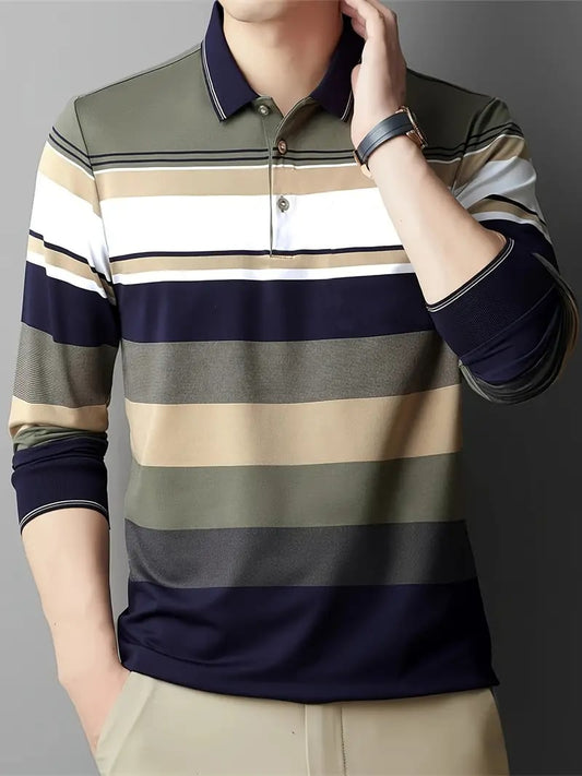 Men's Business Casual Striped Button-Down Polo