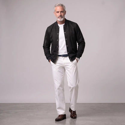 Men's Suede Stand Collar Zipper Pocket Snap Button Casual Bomber Jacket