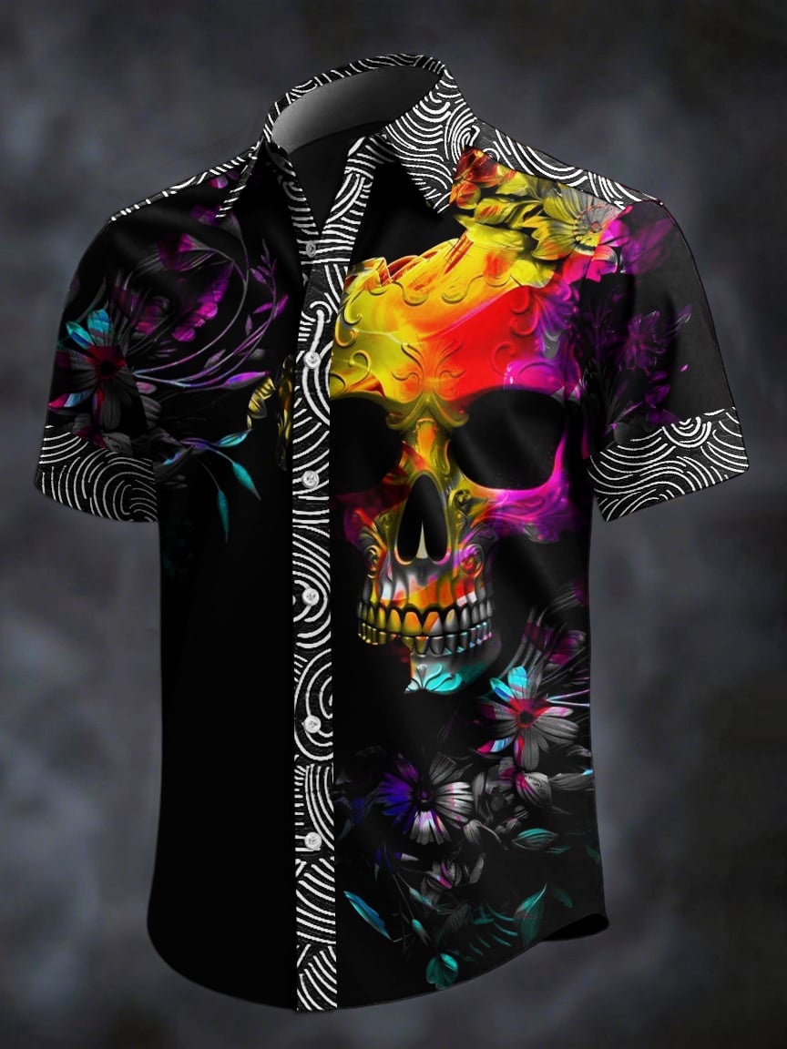 Men's Retro Skull Print Lapel Short Sleeve Shirt