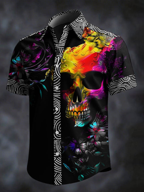 Men's Retro Skull Print Lapel Short Sleeve Shirt